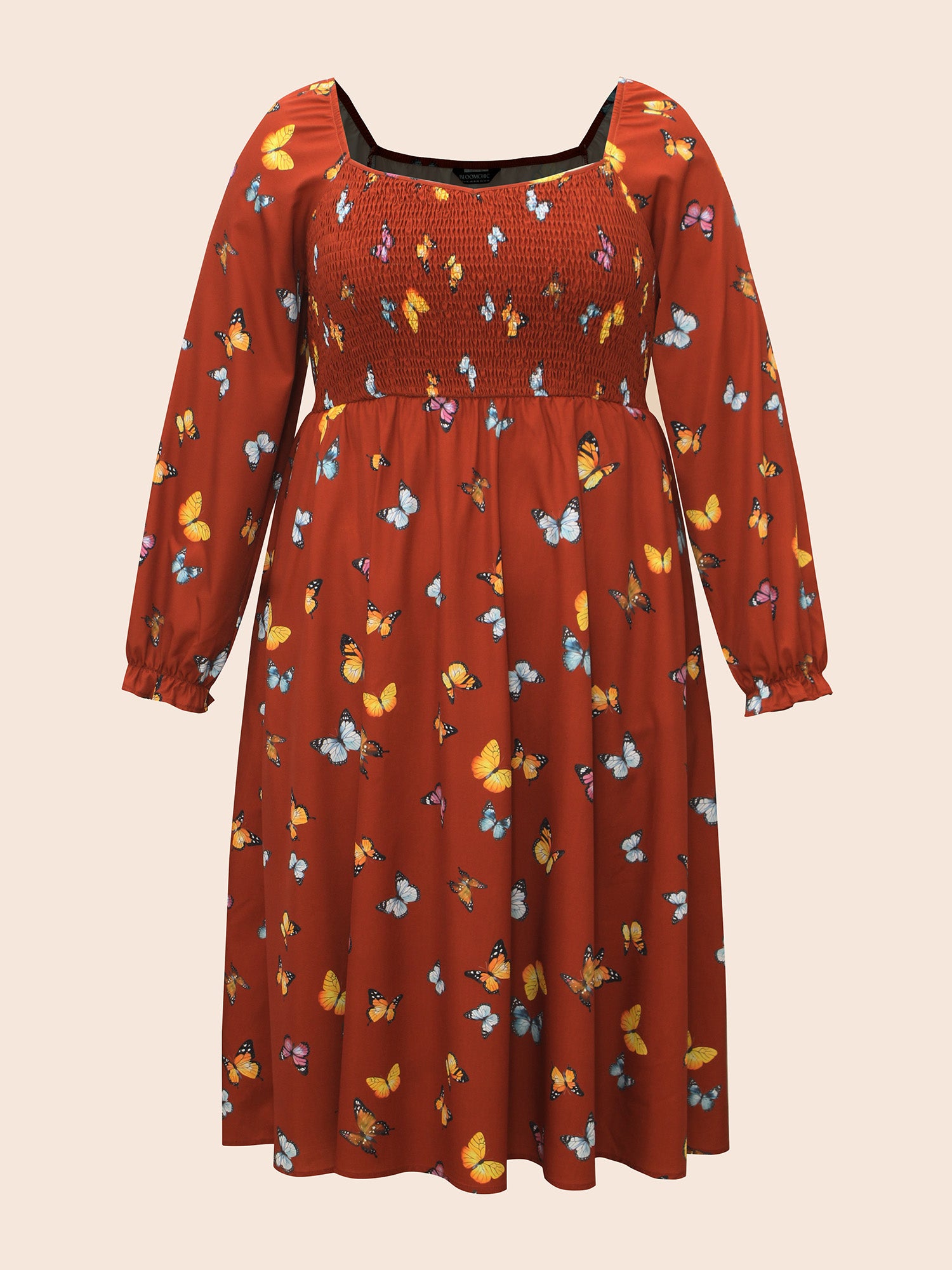 Heart Neckline Butterfly Print Shirred Dress