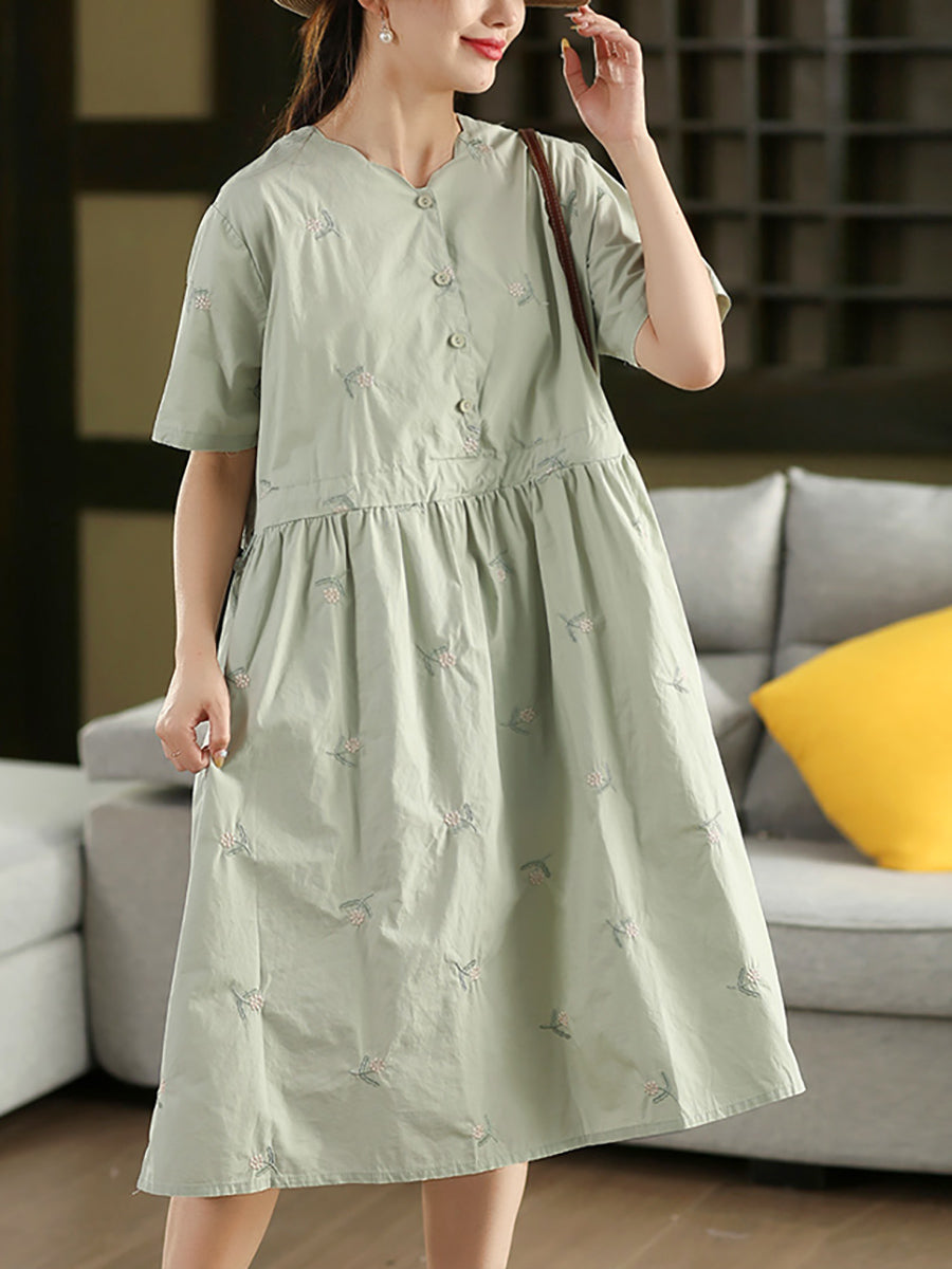Women Summer Artsy Flower Embroidery V-Neck Cotton Dress