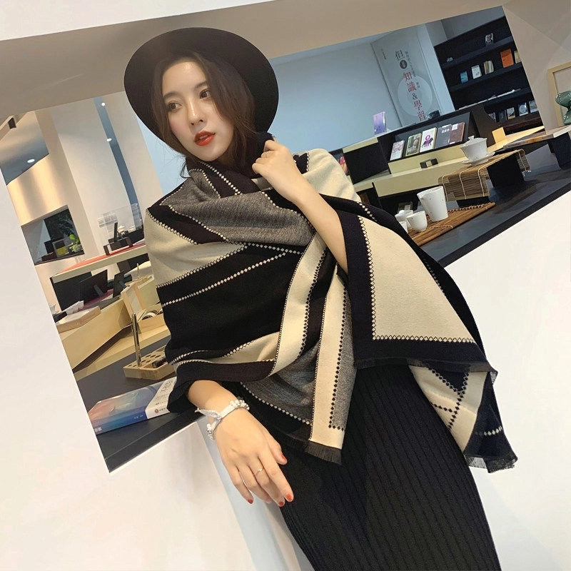 New Large V-Shaped Warm Thickened Double-Sided Cashmere Scarf Women's Office Air Conditioning Shawl Scarf