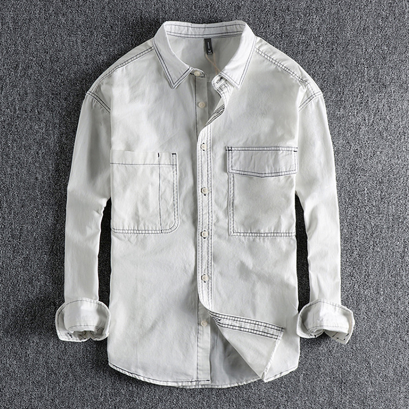 Vintage Cotton Single-Breasted Workwear Long-Sleeve Shirt
