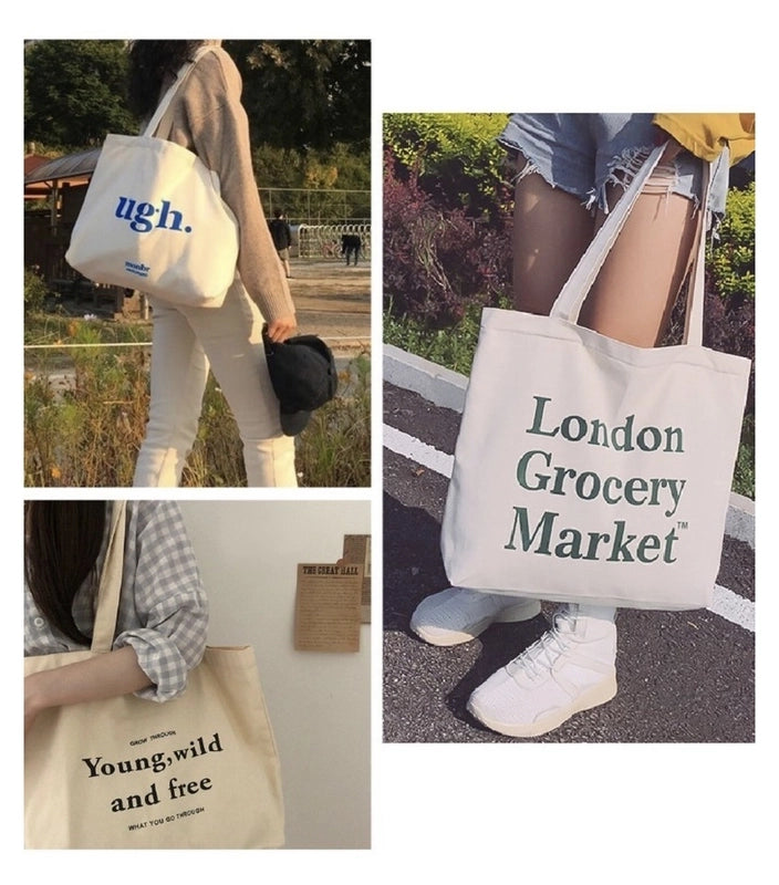Women's Large Canvas Letter Basic Classic Style Zipper Canvas Bag