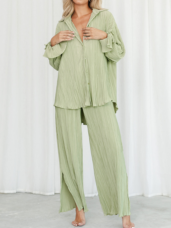Flared Sleeves Long Sleeves Buttoned Drawstring Pleated Solid Color Split-Side Lapel Shirts Top + Pants Bottom Pajama Sets