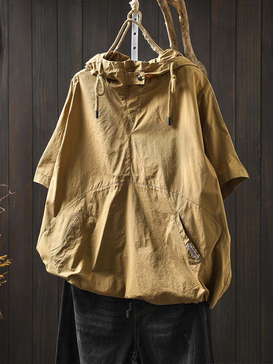 Women Summer Casual Pure Color Hooded Cotton Shirt