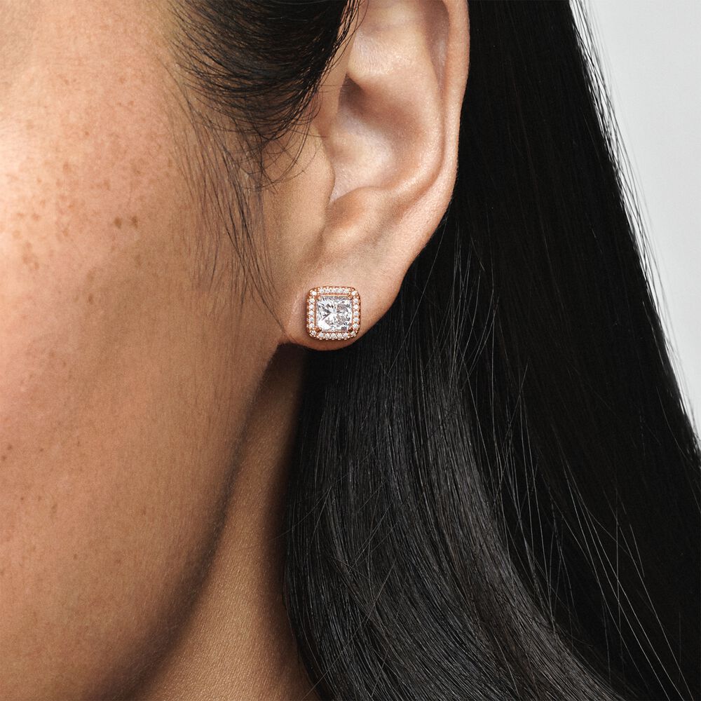 Rose Gold Square Sparkle Halo Stud Pandora Earrings