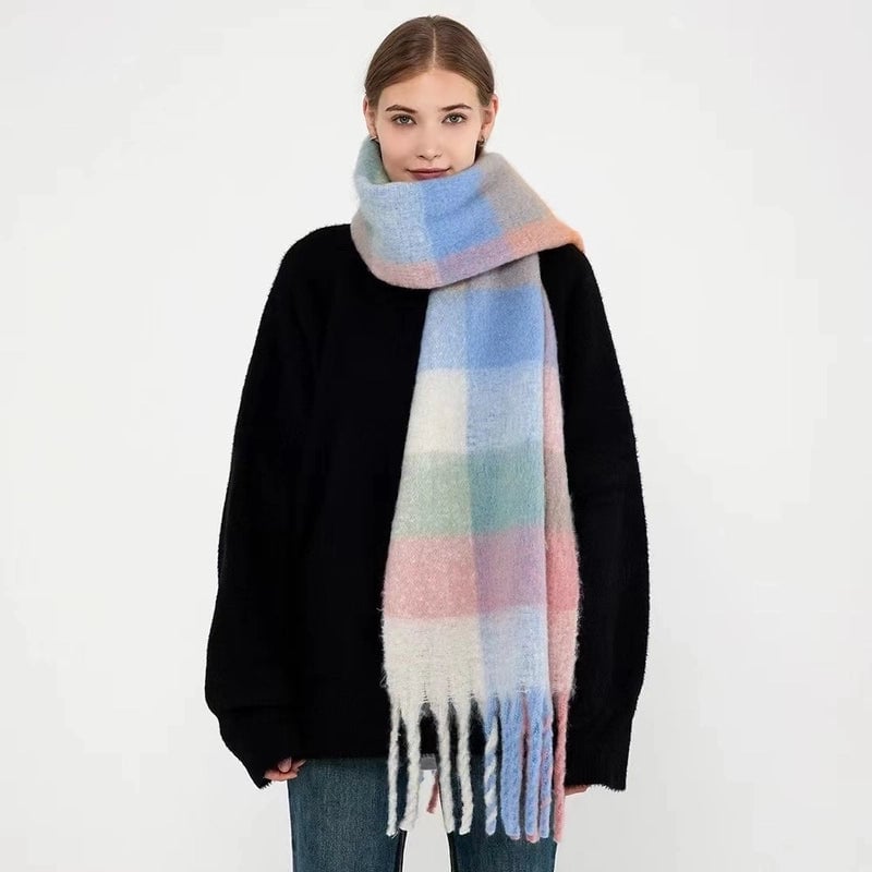 Mohair Rainbow Autumn And Winter Wool Thickened Long Net Red Sea Plaid Scarf Women's British-style Trendy Warm-keeping ·