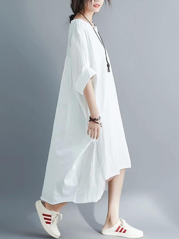 Style white cotton quilting dresses o neck low high design Dresses