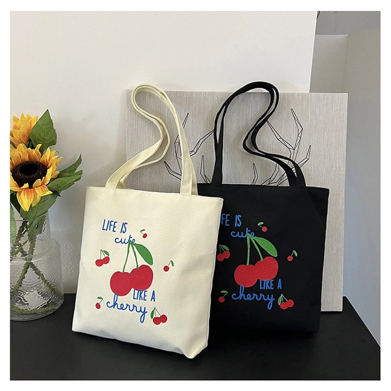 Women's Canvas Cherry Cute Sewing Thread Square Zipper Canvas Bag Tote Bag