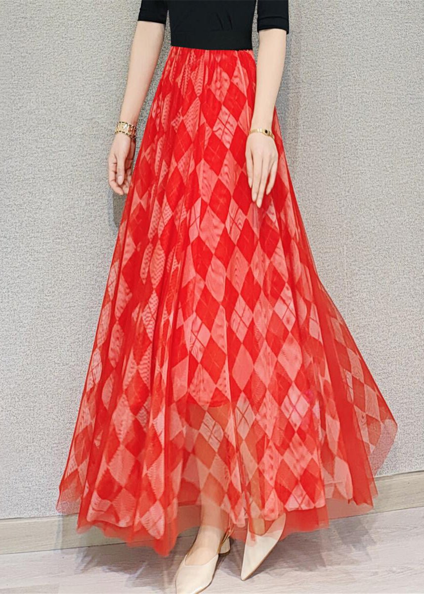 Loose Red Plaid Elastic Waist Tulle Skirt Summer