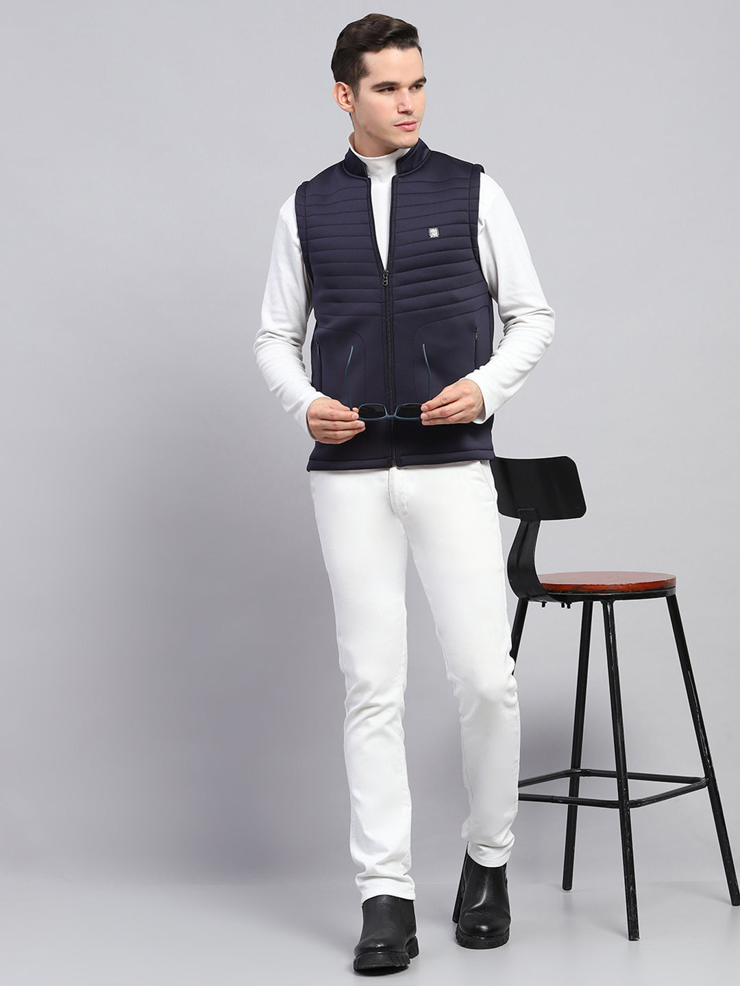 Men Navy Blue Self Design Mock Neck Sleeveless Jacket