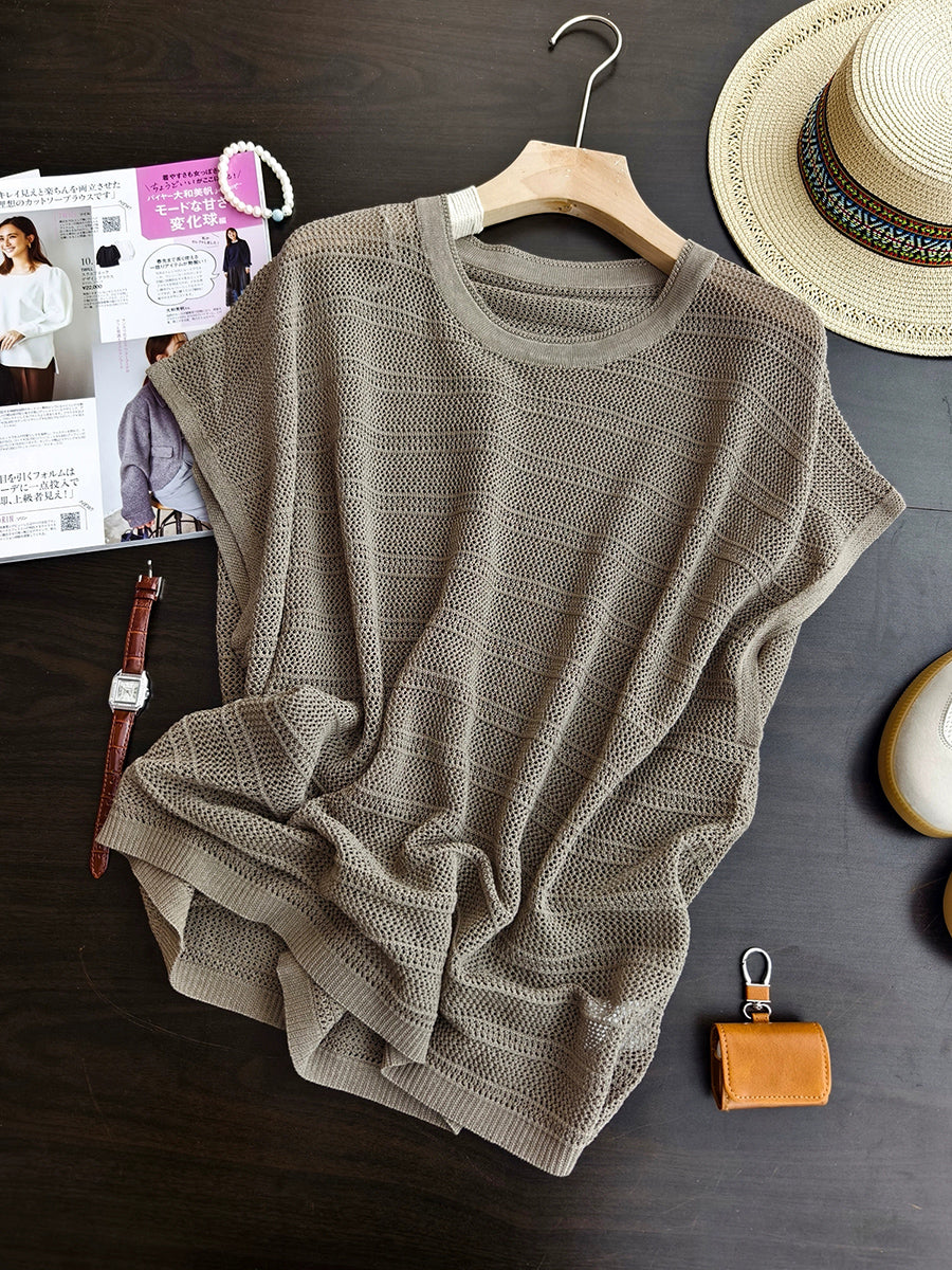 Women Summer Casual Pure Color Knitted O-Neck Shirt