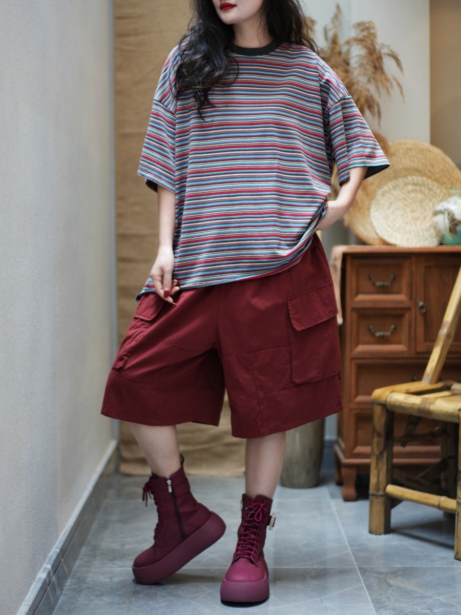 Women Summer Casual Stripe O-Neck Cotton Loose Shirt