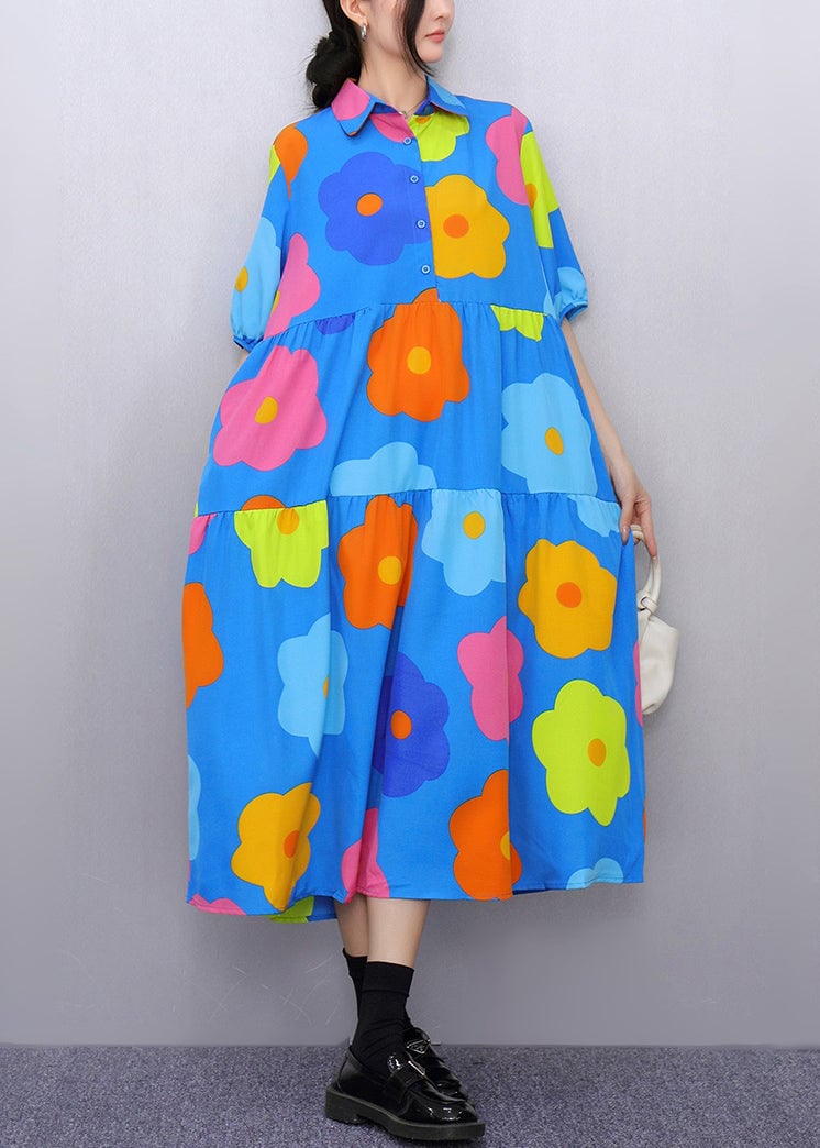 Fashion Blue Print Pockets Patchwork Cotton Blouses Dresses Half Sleeve Summer