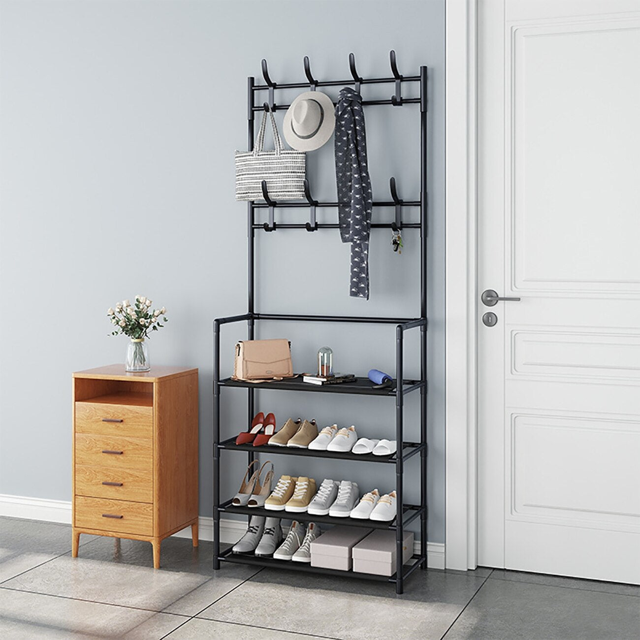 Multi-Function 4 Tiers Shoes Rack With Hanger. Living Room Clothes Storage Rack