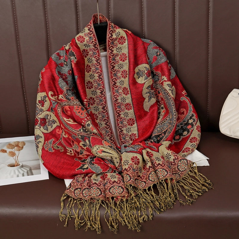 Women's Retro Streetwear Totem Color Block Polyester Tassel Scarf