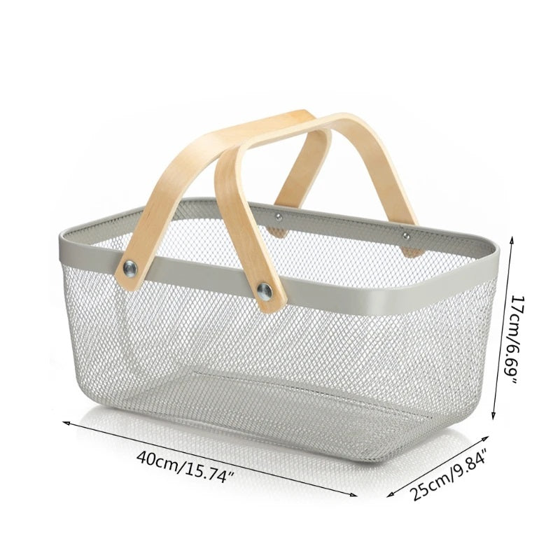 Rectangular Mesh Basket With Double Wooden Handle- Grey