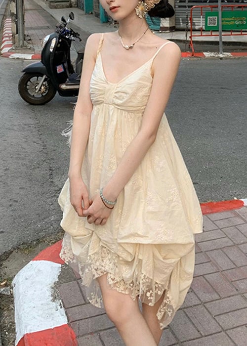 Elegant Beige V Neck Lace Cotton Mini Dresses Sleeveless