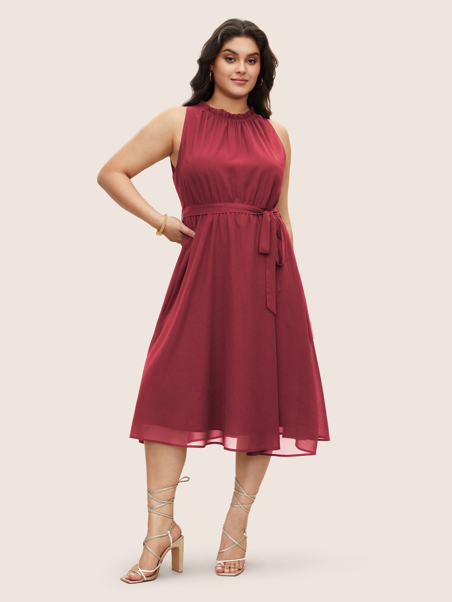 Plain Sleeveless Frill Trim Pocket Belted Mock Neck Dress