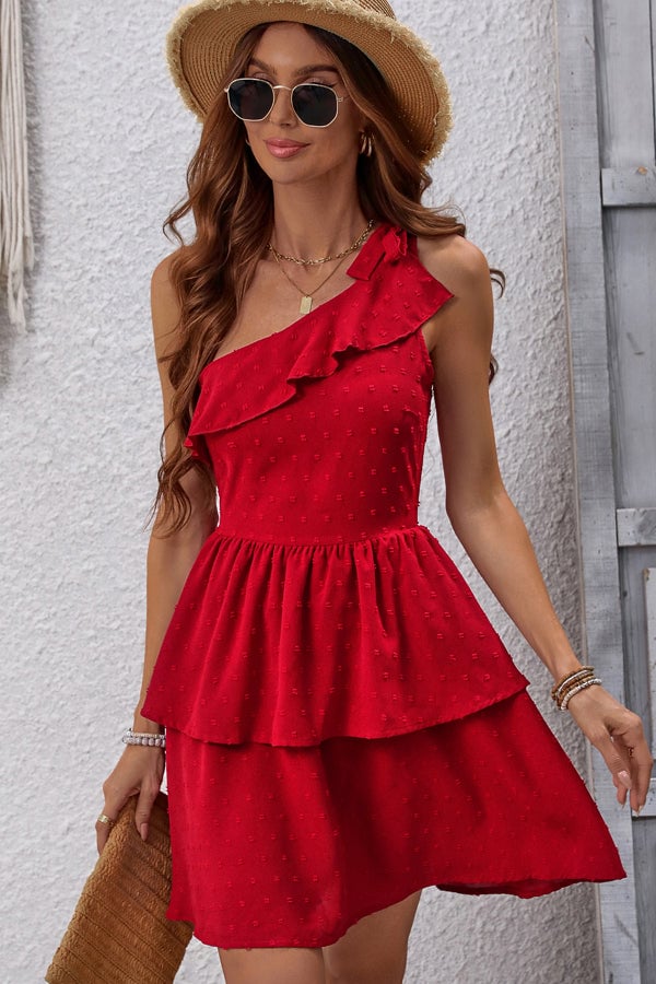 One Shoulder Ruffle Solid Color Casual Dress