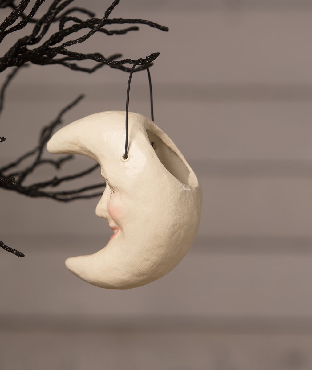 White Moon Bucket Ornament. Paper Mache