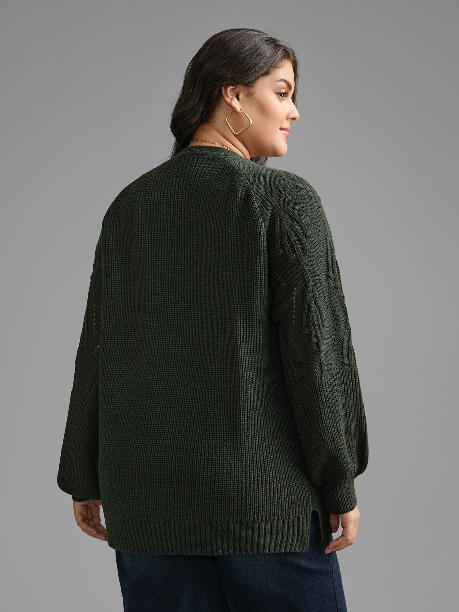 Textured Lantern Sleeve Split Hem Cardigan