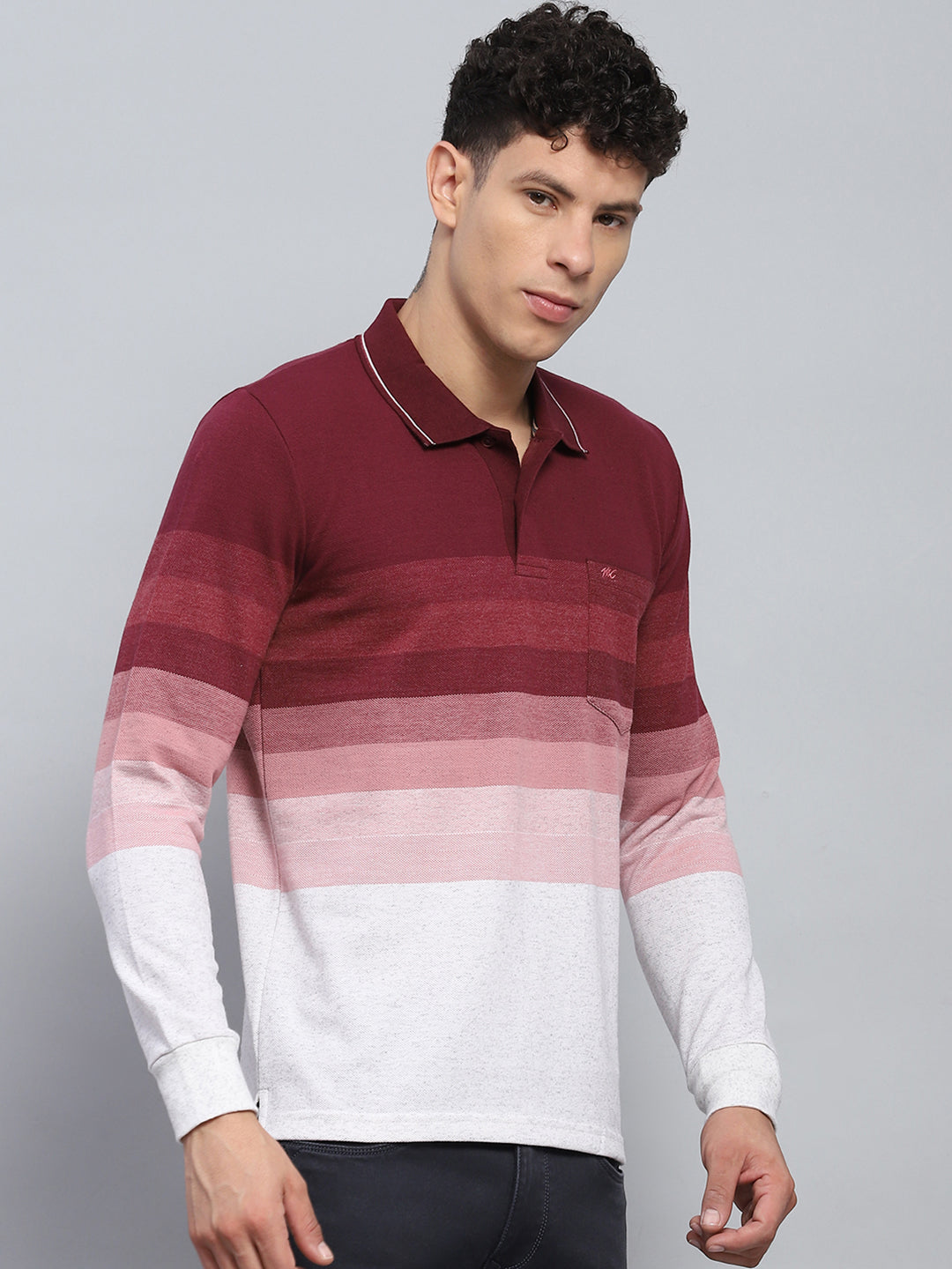 Men Maroo & White Stripe Collar Full Sleeve Winter T-Shirt