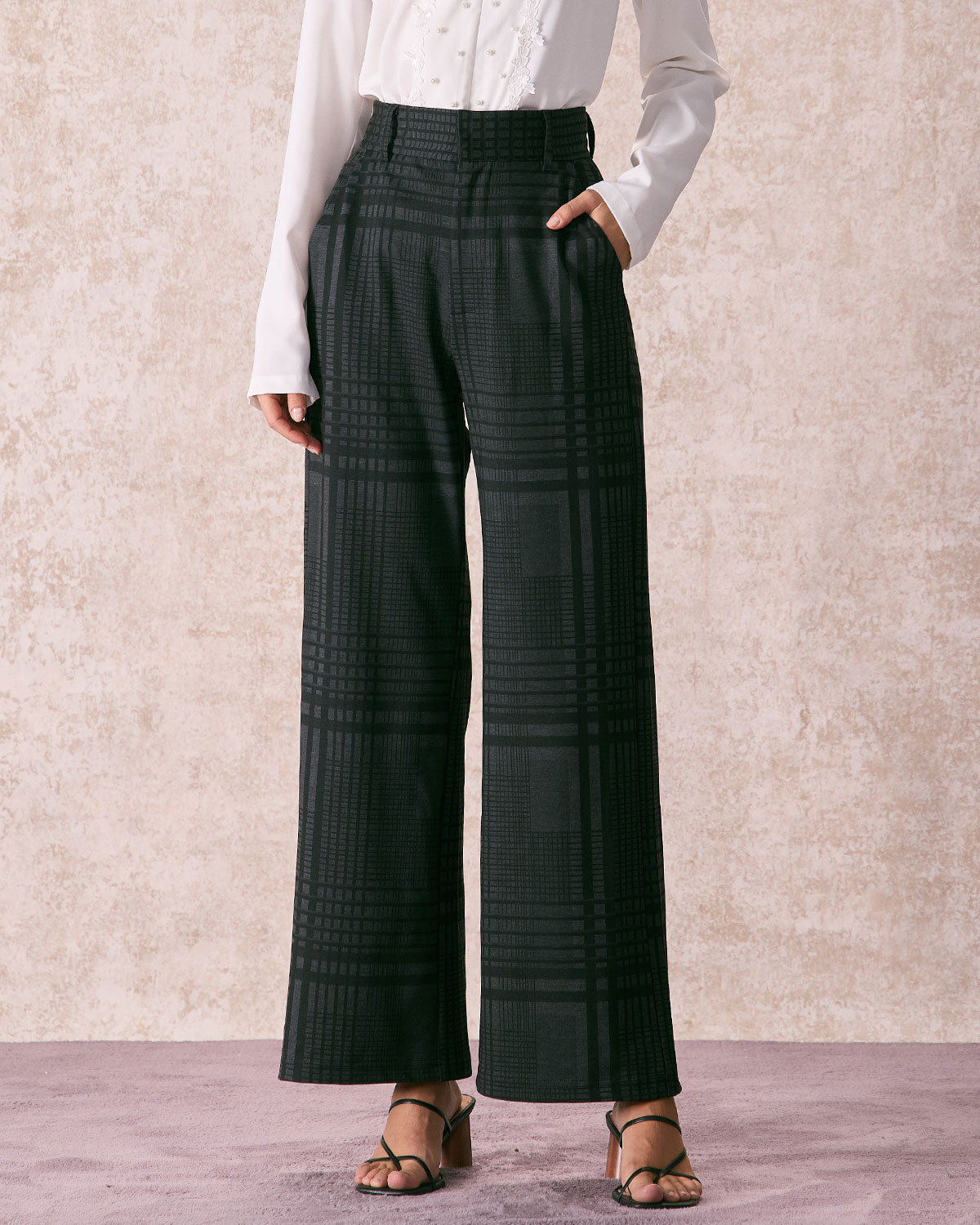 The Grey High Waisted Plaid Wide Leg Pants