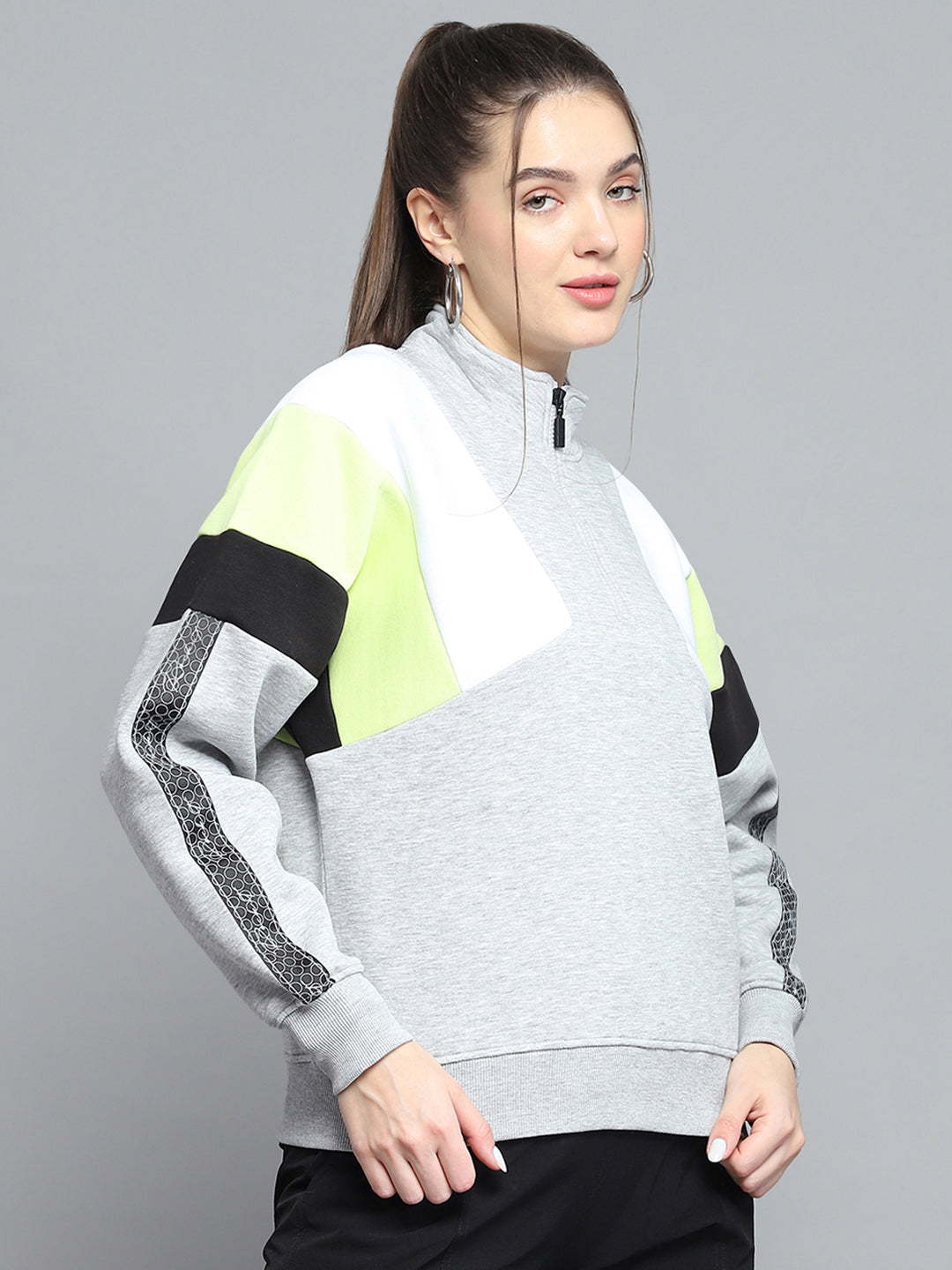 Women Grey Solid Mock Neck Full Sleeve Sweatshirt