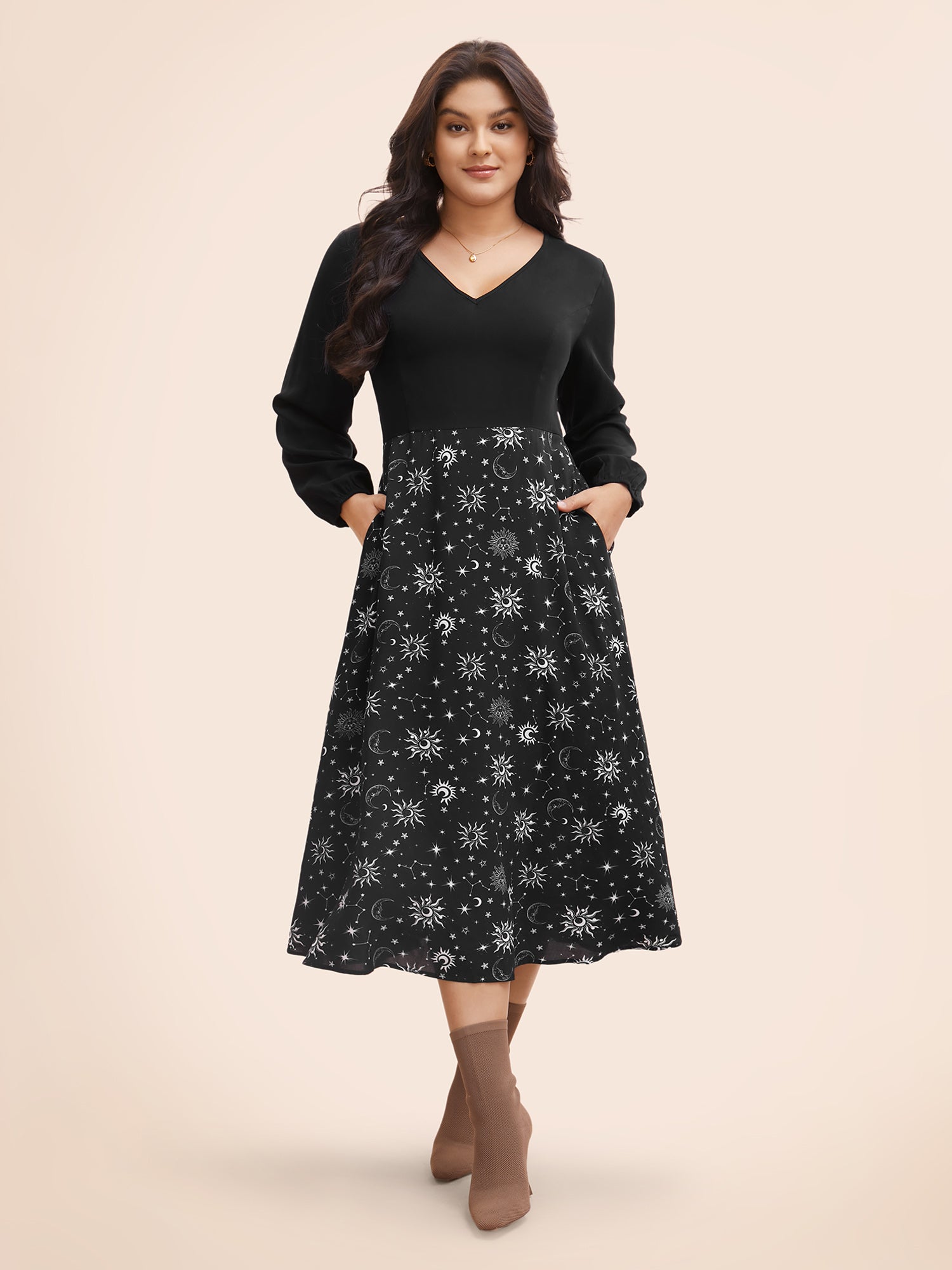 Moon & Star Print Patchwork Dress