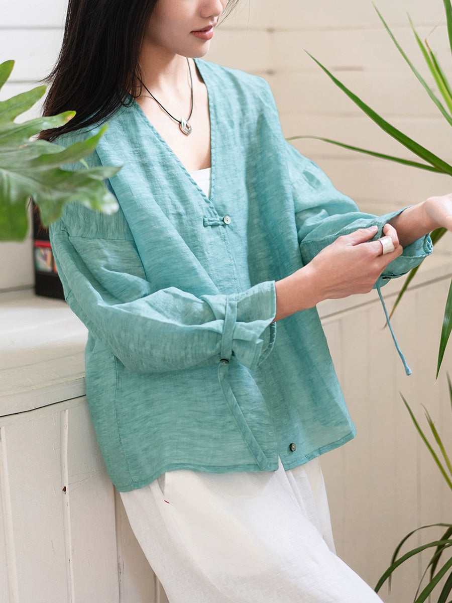 Women Summer Retro Pure Color V-Neck Linen Thin Shirt