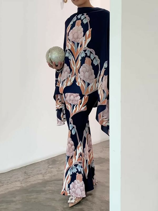 Batwing Sleeves Loose Flower Print Mock Neck Blouses&Shirts Tops