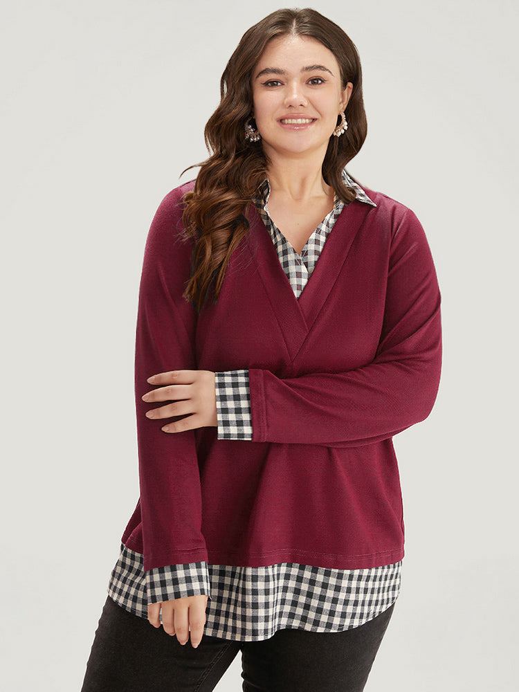 Gingham Patchwork Shirt Collar Arc Hem Sweatshirt