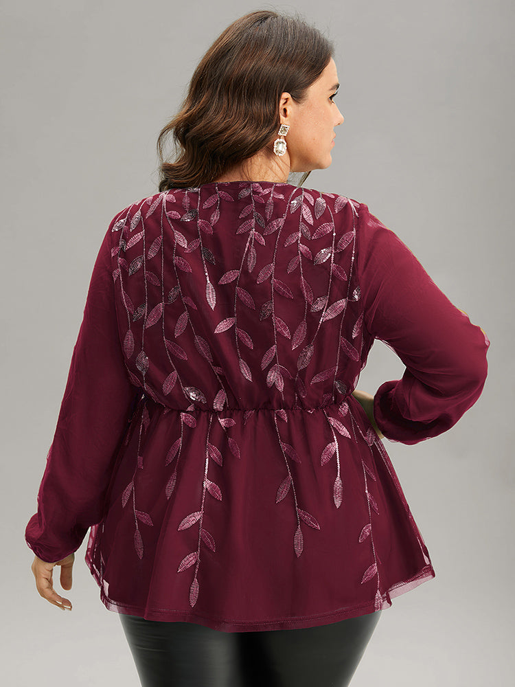 Leaves Embroidered Sequin Tiered Mesh Blouse
