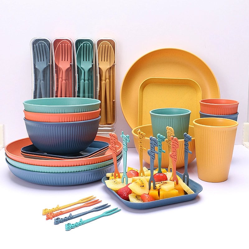 Wheat Straw Soup Bowl Plate Cup Set Student Household Portable Knife. Fork. Spoon. Chopsticks. Tableware Gift