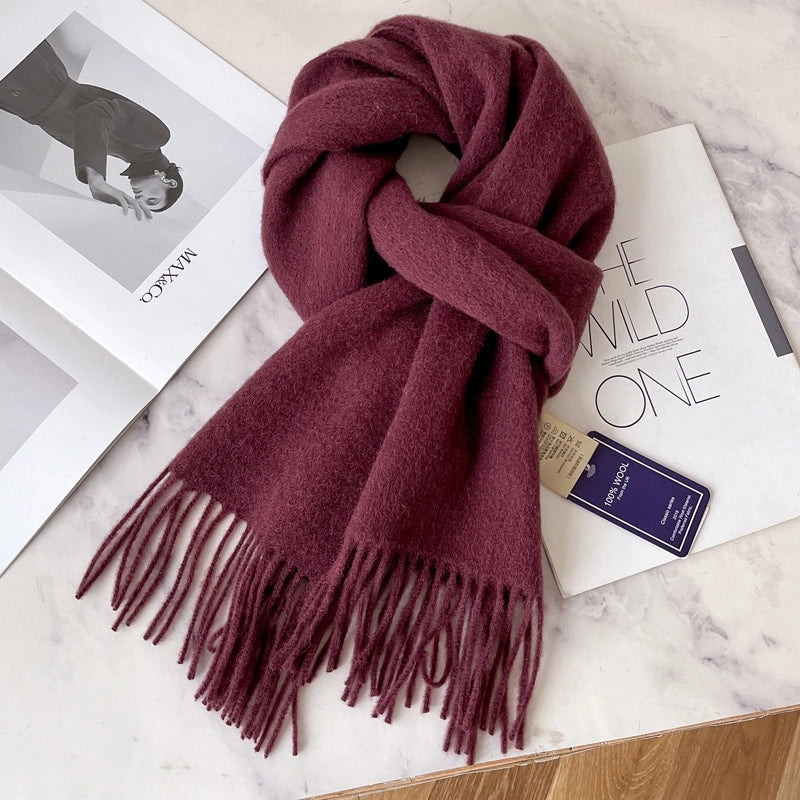 White Pure Wool Scarf Female Winter Student Warm Scarf New Versatile Tassel Narrow Scarf Couple