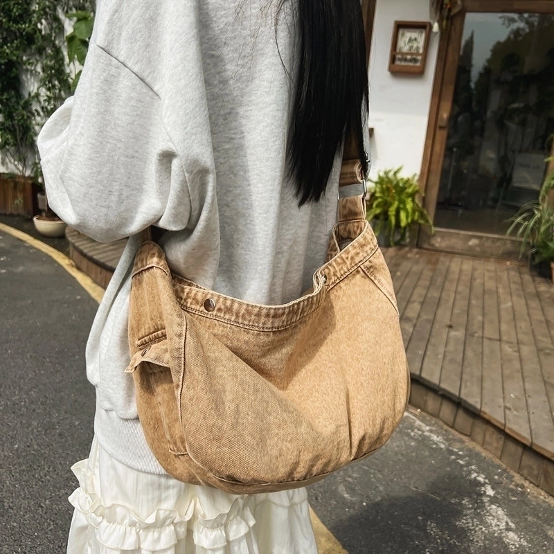 Unisex Denim Solid Color Sports Sewing Thread Square Buckle Shoulder Bag