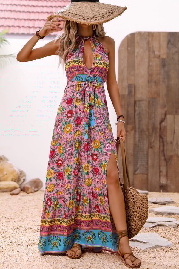 Bohemia Print Halter Neck Split Side Maxi Dress