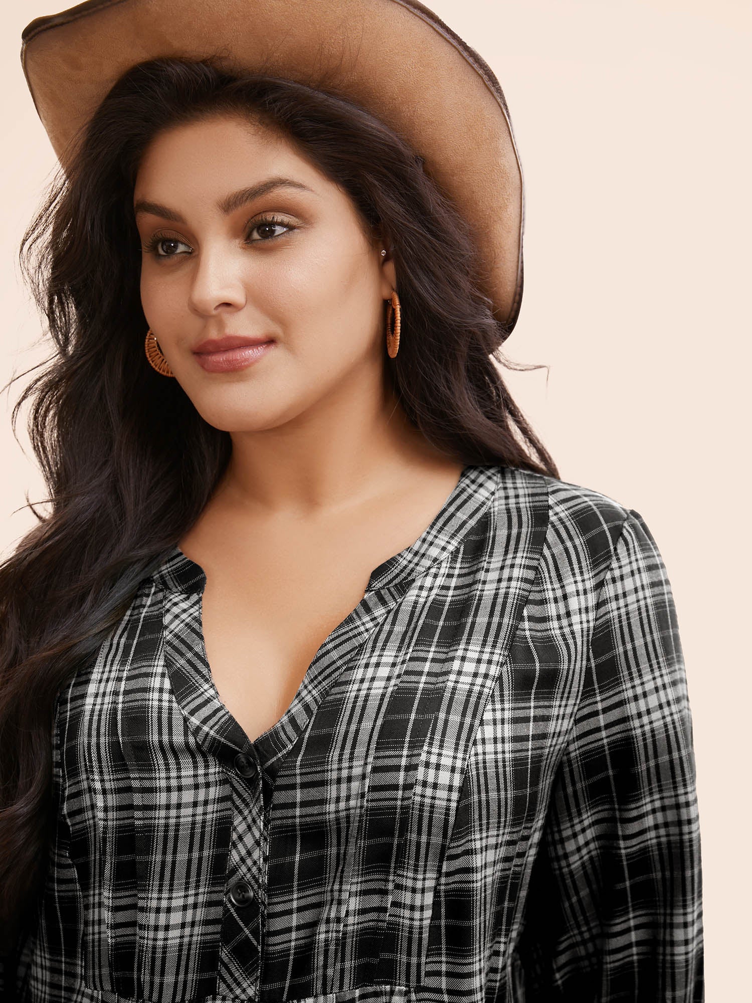 Plaid Pleated Button Placket Blouse