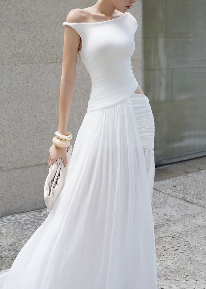 Chic White Asymmetrical Wrinkled Side Open Cotton Dress Summer