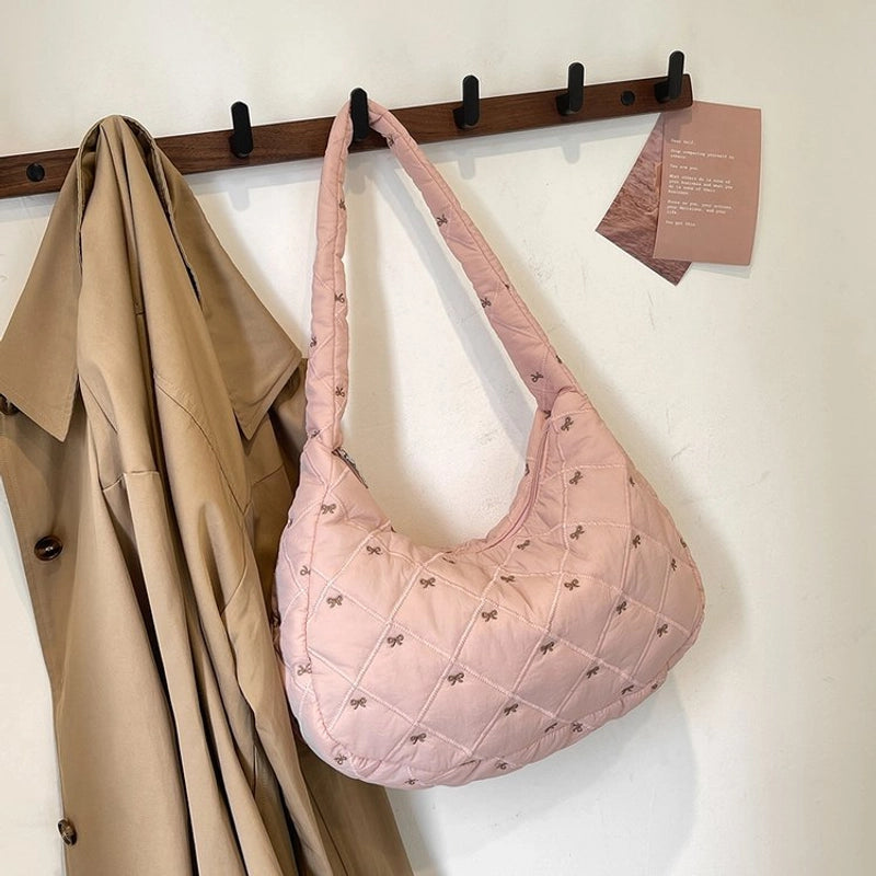 Women's Nylon Bow Knot Classic Style Dumpling Shape Zipper Shoulder Bag