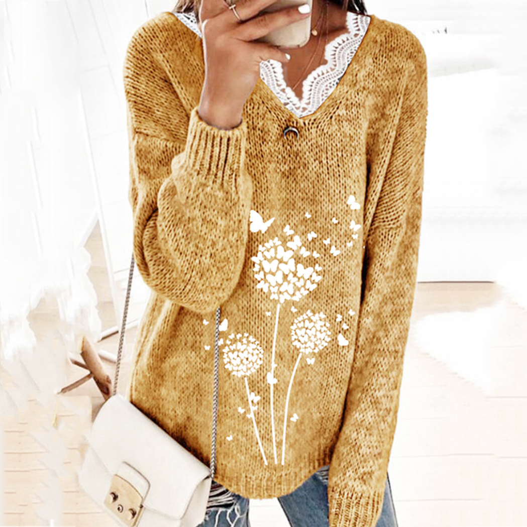 Lace Dandelion Print V-Neck Knitted Sweater