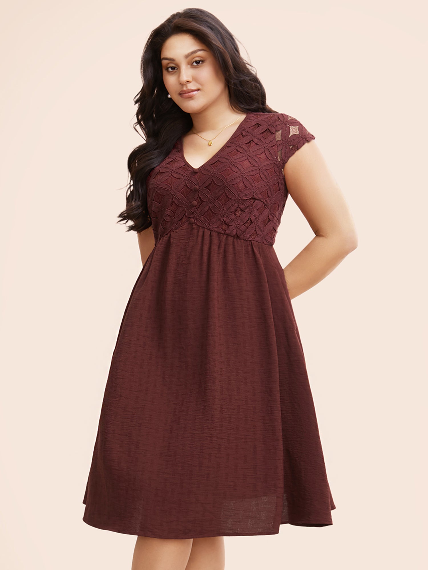 Plain Lace Panel Cap Sleeve Dress