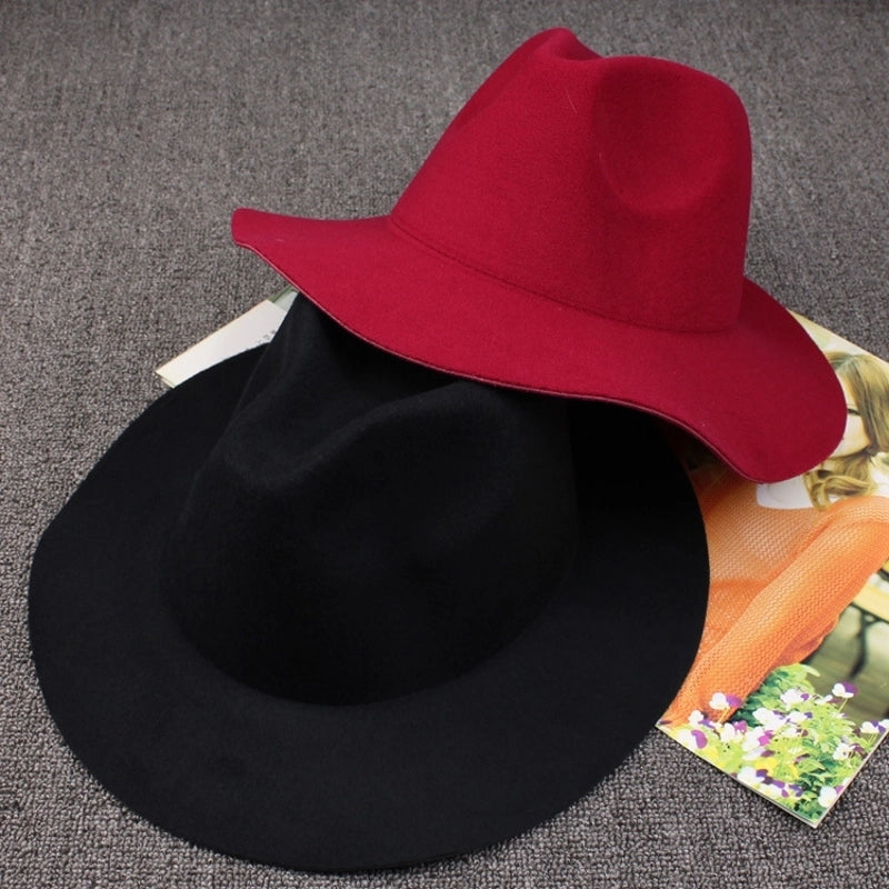 Autumn And Winter Solid Color Felt Hat Men And Women Retro Woolen Big Brim Jazz Hat Black Hat Big Along Fashion Hat