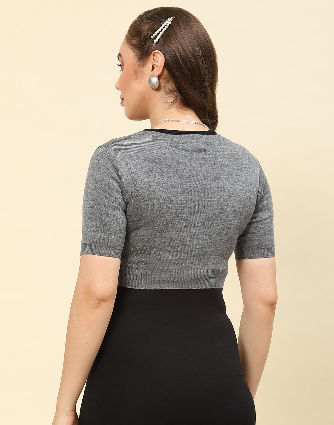 Women Grey Solid V Neck Half Sleeve Blouse