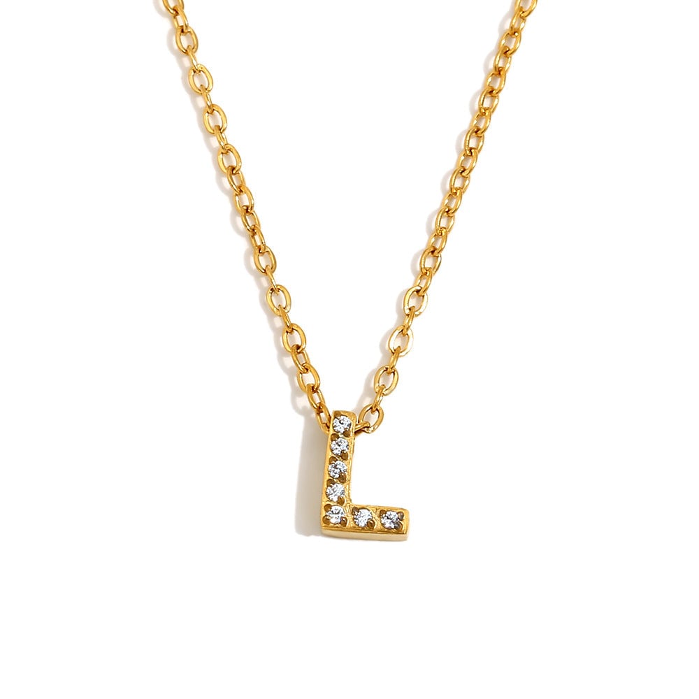 Fashionable And Simple 26 English Letter Pendant Stainless Steel Plated 18K Gold Diamond Small Letter Necklace For Women