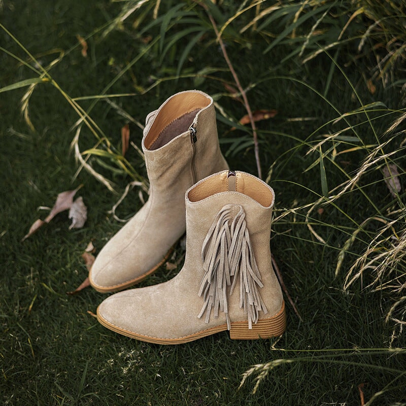 Women's Nubuck?Leather Mid Calf Tassels Boots With Side Zipper In Camel/Khaki