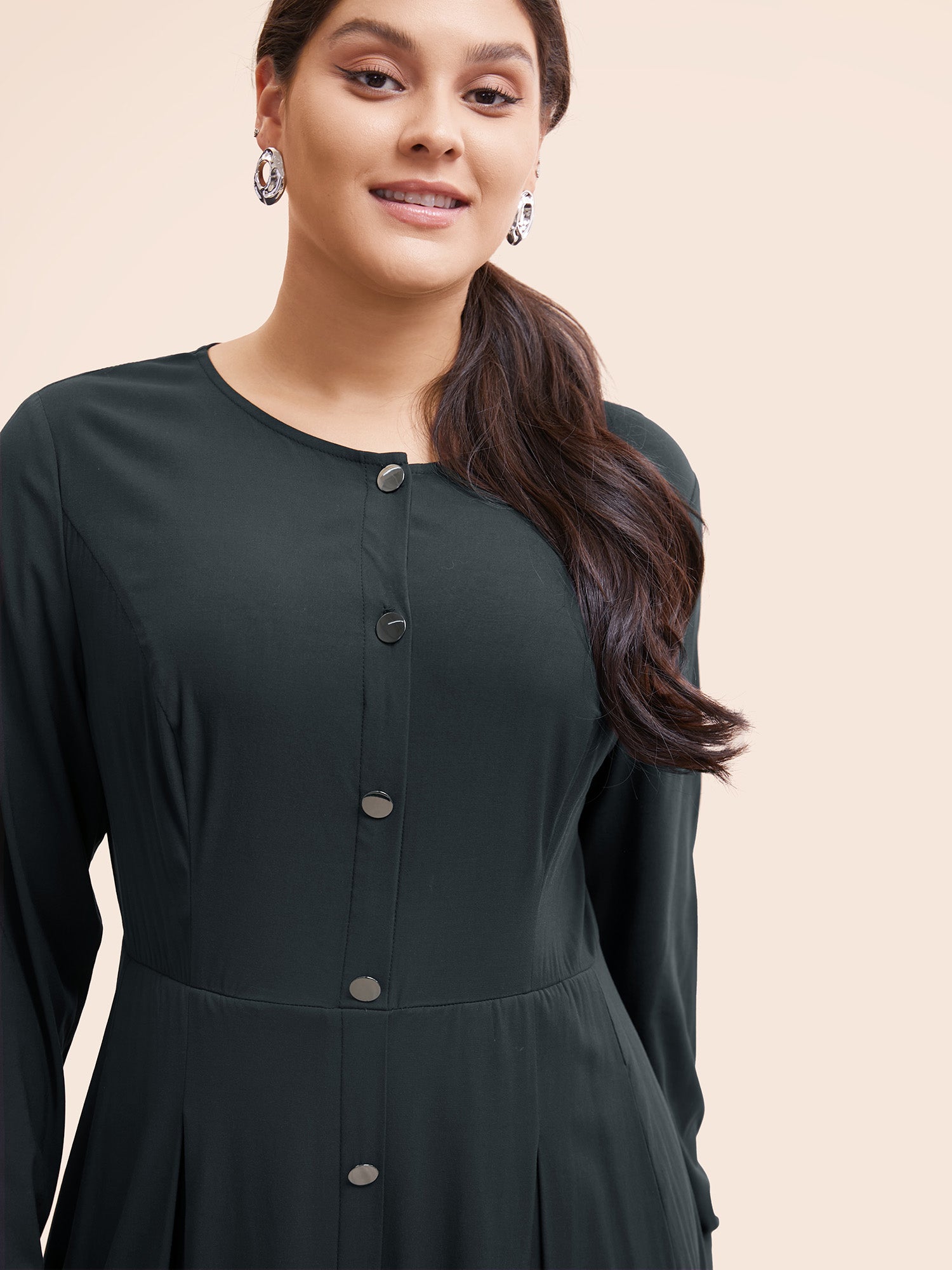 Stretch Woven Button Pleated Midi Dress