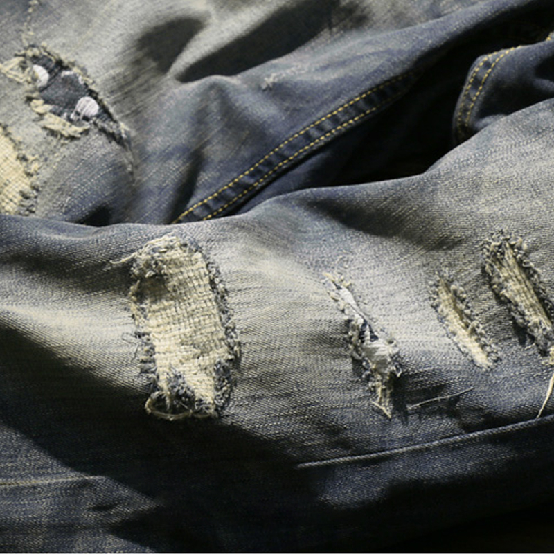 Retro Embroidered Skull Patch Slim Fit Ripped Jeans