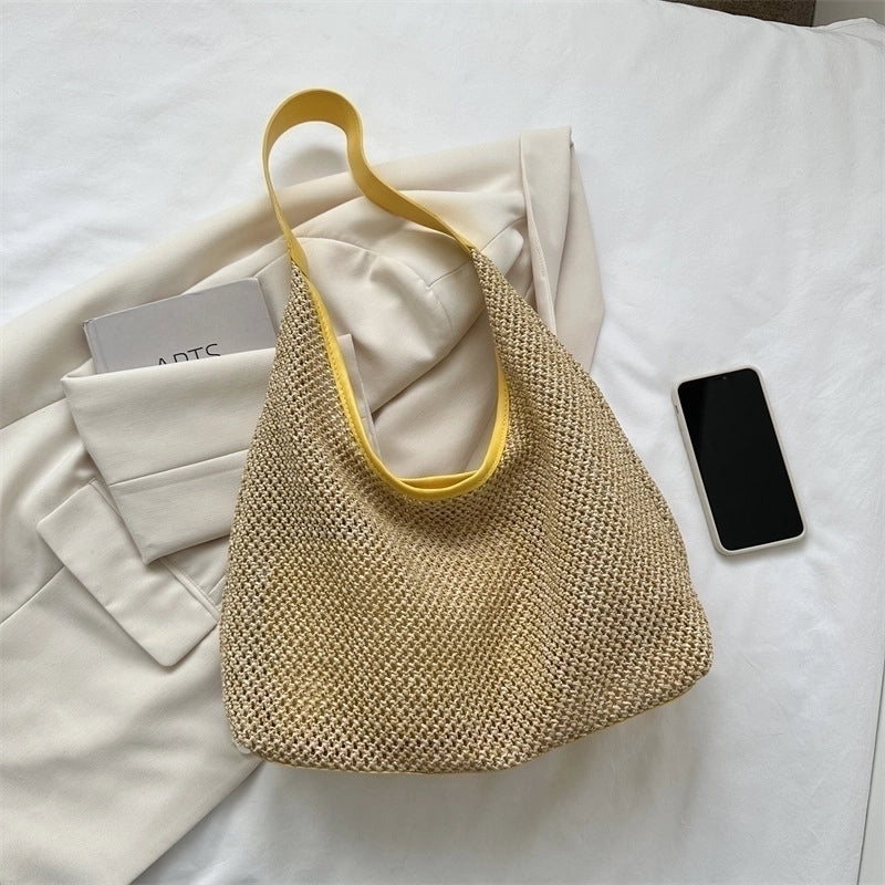 Women's Medium Pu Leather Straw Solid Color Vacation Beach Weave Square Magnetic Buckle Bag Sets Straw Bag