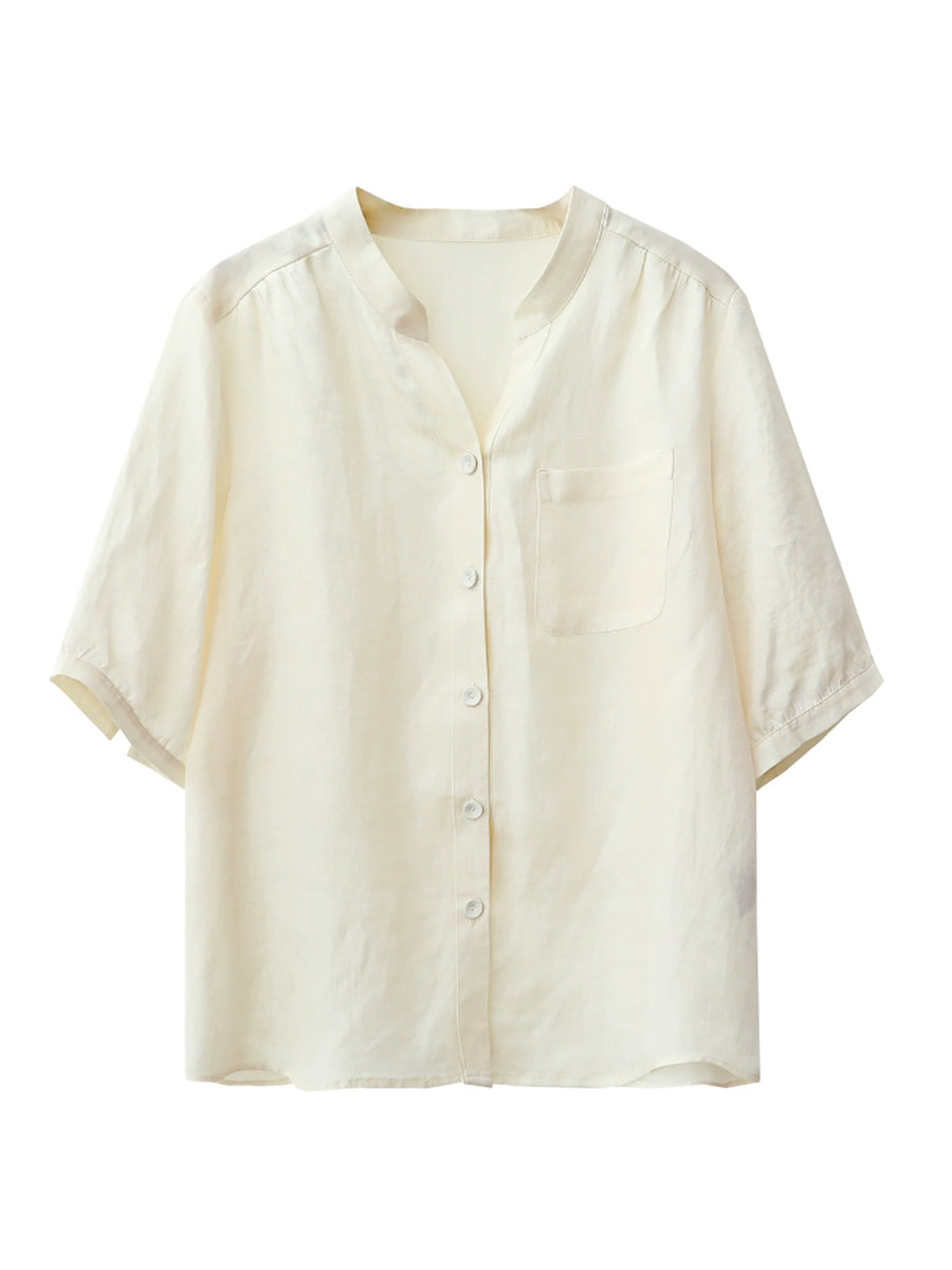 Women Summer Casual Pure Color Pocket V-Neck Shirt