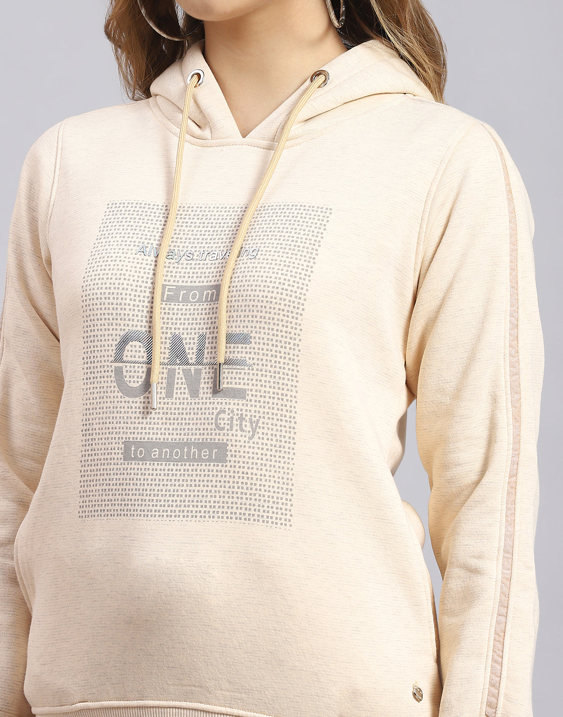 Women Beige Printed Hooded Full Sleeve Sweatshirt